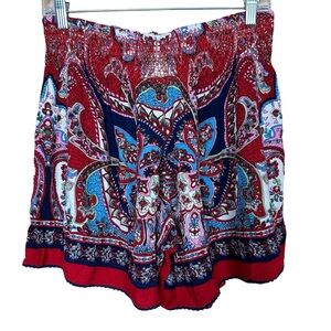 Bila Boho Paisley Floral Red Blue Smocked High Waist Flowy Festival Shorts Large